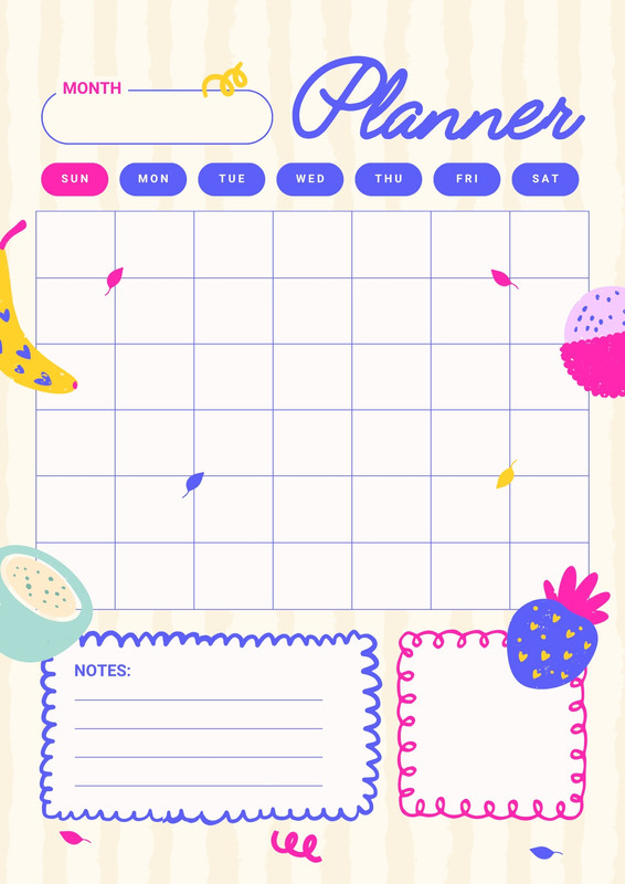 Illustrated Playful Summer Fruit Monthly Planner Canva template, yellow, pink and blue