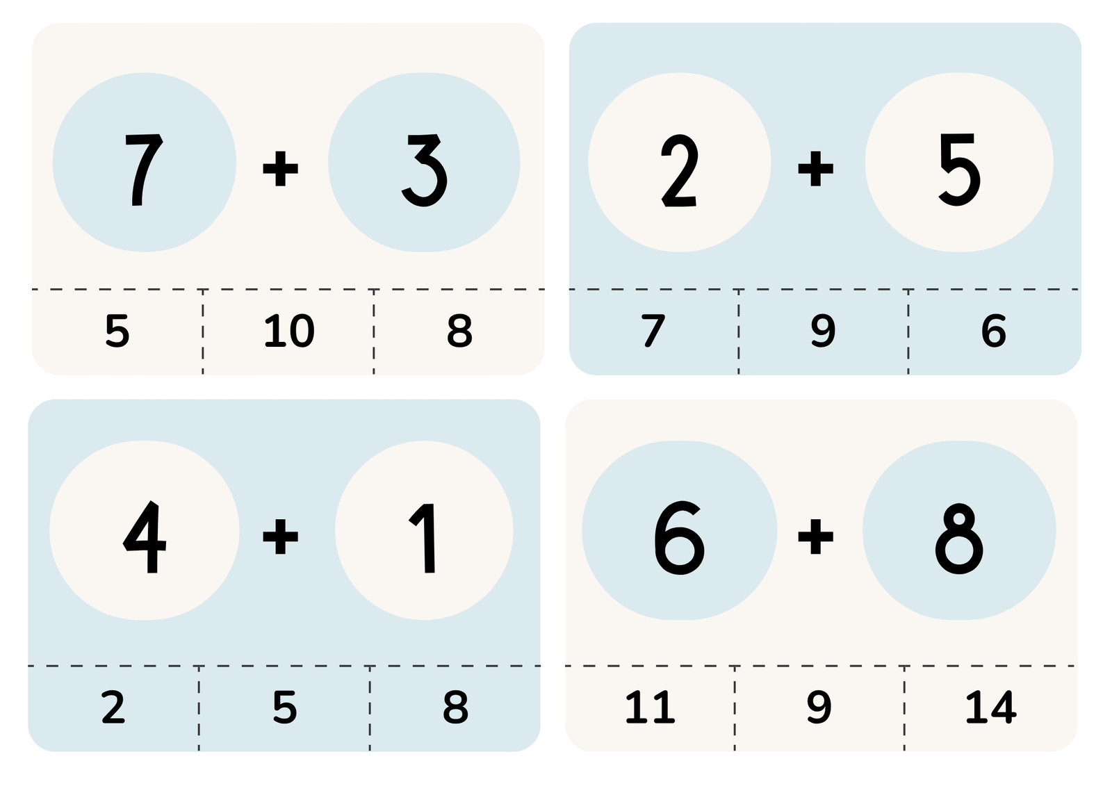 Mathématiques Additions Cartes à Pince Flashcards Bleu Beige Pastel illustré