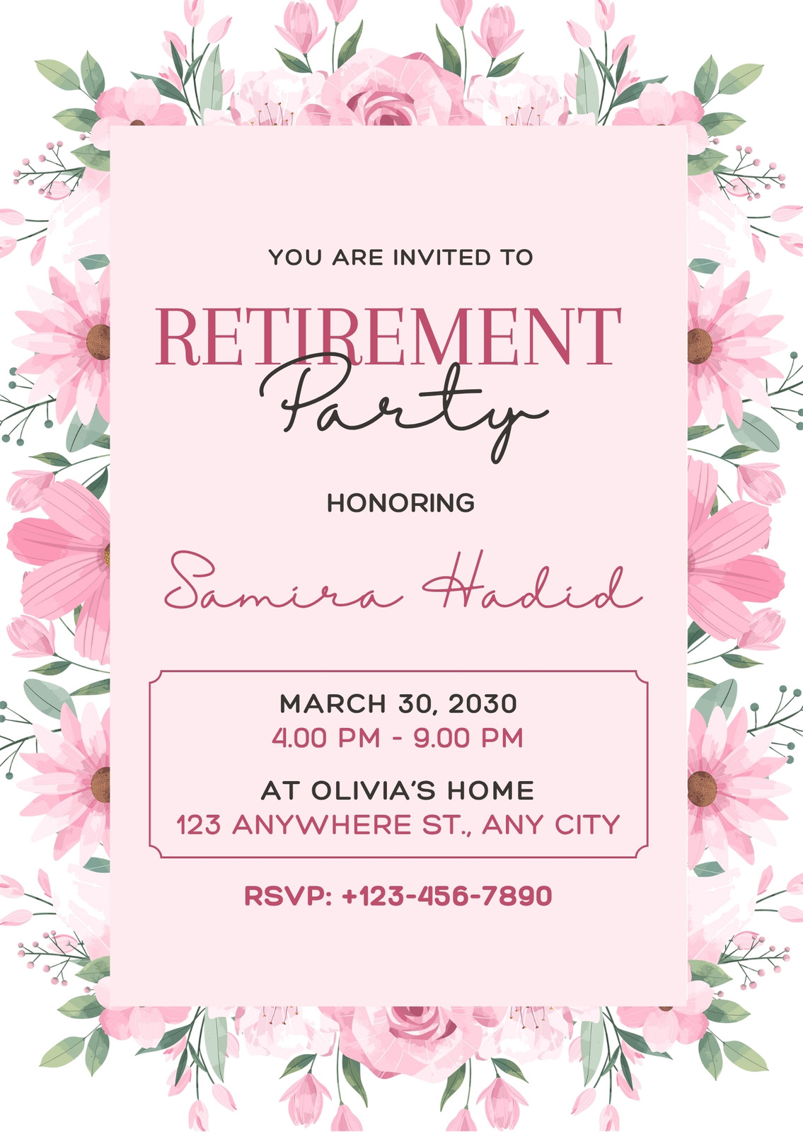 Pink and White Floral Modern Retirement Party Invitation
