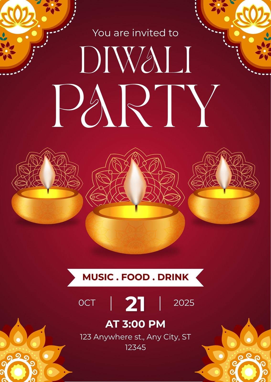 Mẫu thiệp mời dự tiệc Diwali màu đỏ và vàng kim đơn giản Mẫu thiệp mời dự tiệc Diwali màu đỏ và vàng kim đơn giản
