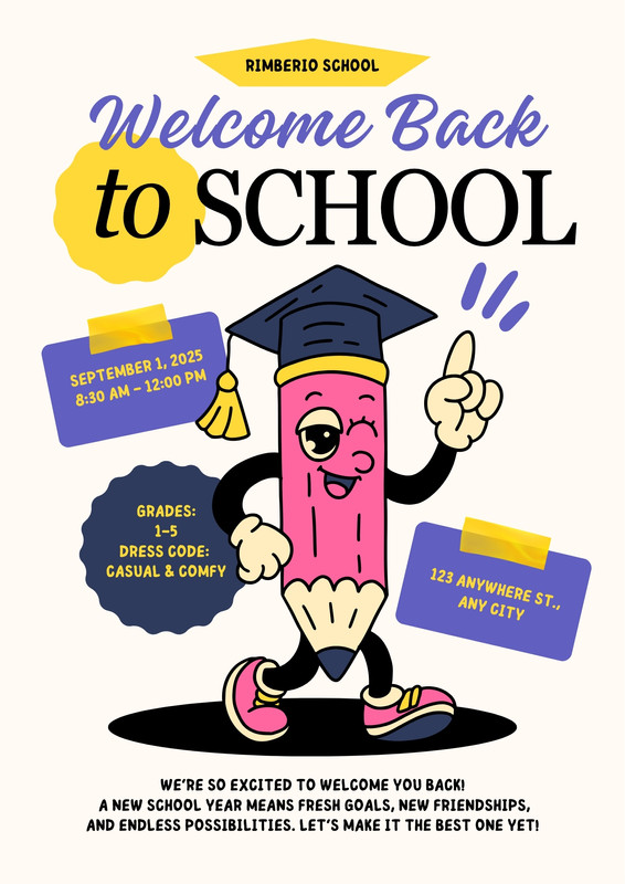 Illustrated Quirky Mascot Character Back to School Poster Canva template, yellow, pink and blue