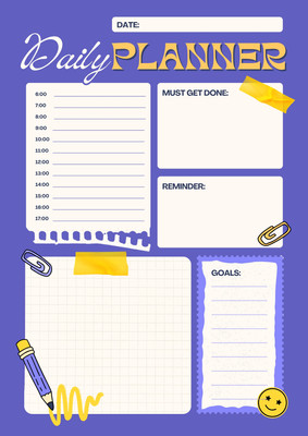 Playful Cute Creative Daily Planner Canva template, purple and yellow