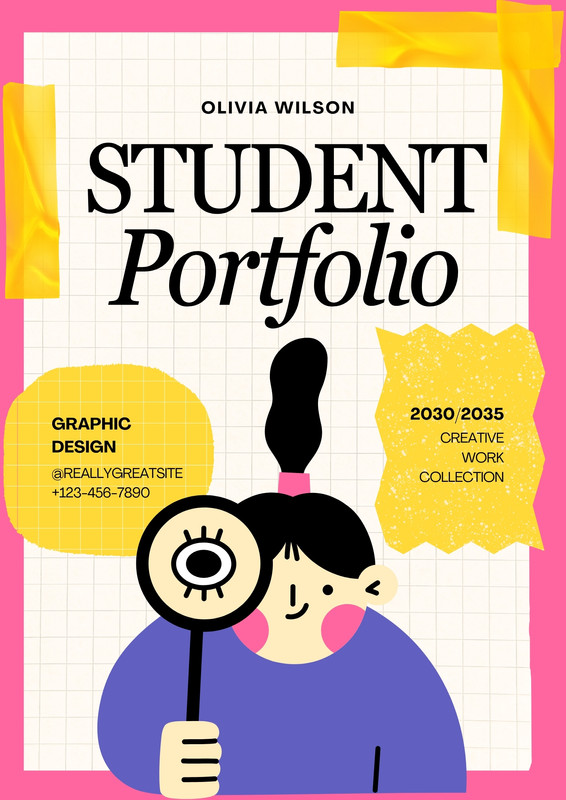 Playful Whimsical Creative Student Portfolio Canva template, pink, yellow and purple