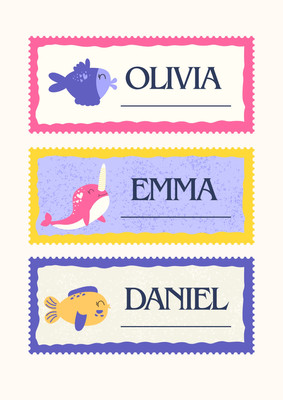 Playful Cute Children's Name Tag Document Name Tag Canva template, pink, yellow and blue