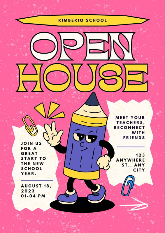Playful Illustrated Retro Back To School Open House Poster Canva template, pink and yellow