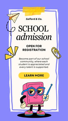 Illustrated Whimsical School Admission Instagram Story Canva template, violet and yellow