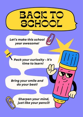 Playful Illustrated Motivational Greeting Back to School Poster Canva template, violet, pink and yellow