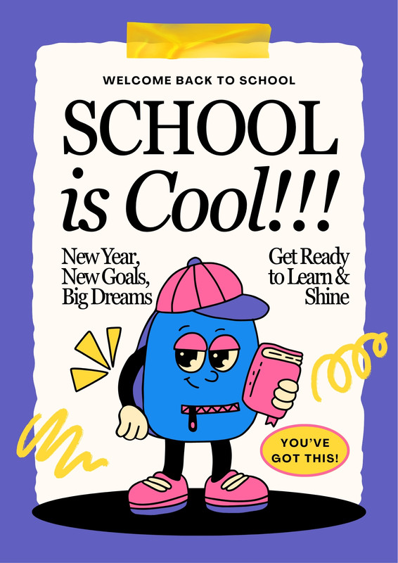 Quirky Retro Back to School Poster Canva template, purple and pink