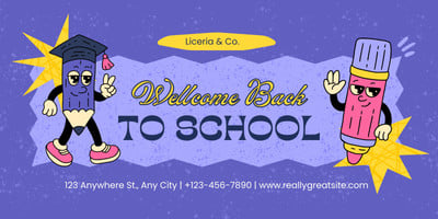Illustrated Retro Funny Mascot Back to School Banner Canva template, purple and yellow