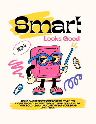 Playful Funny Book Mascot Character Smart Reading T-Shirt Canva template, pink and yellow