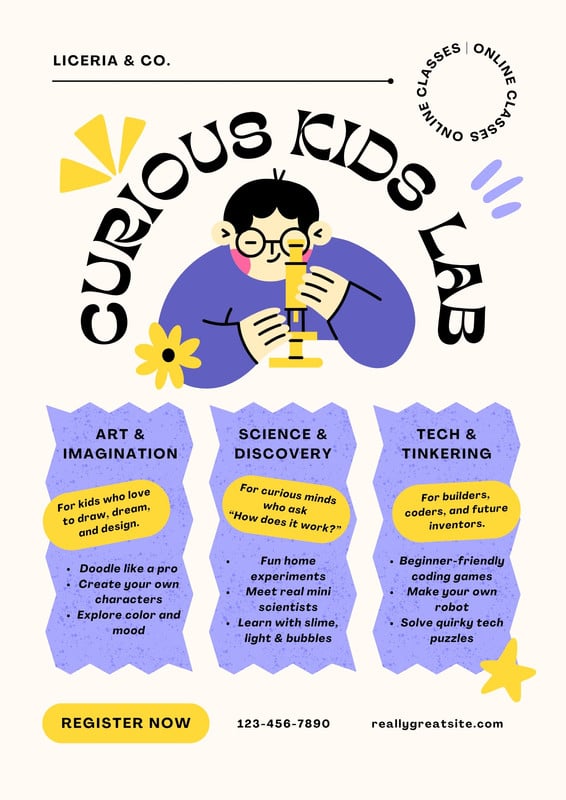 Illustrated Playful Kids Classes Flyer Canva template, yellow and purple