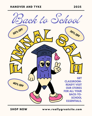 Illustrated Retro Back To School Shop Sale Instagram Post Canva template, yellow and purple
