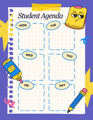 Retro Illustrated Playful Student Weekly Schedule Planner Canva template, purple and yellow