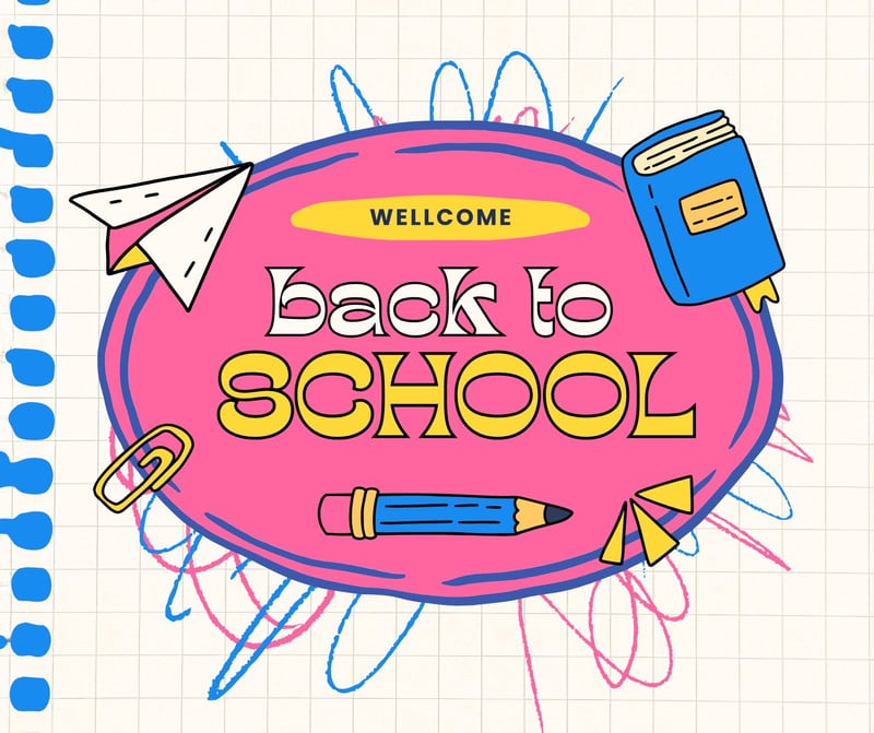 Cute Illustrated Playful Back to School Facebook Post Canva template, pink and blue