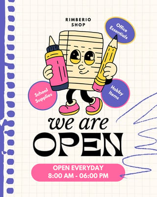 Whimsical Stationery Shop School Supplies Store Open Announcement Instagram Post Canva template, purple and pink