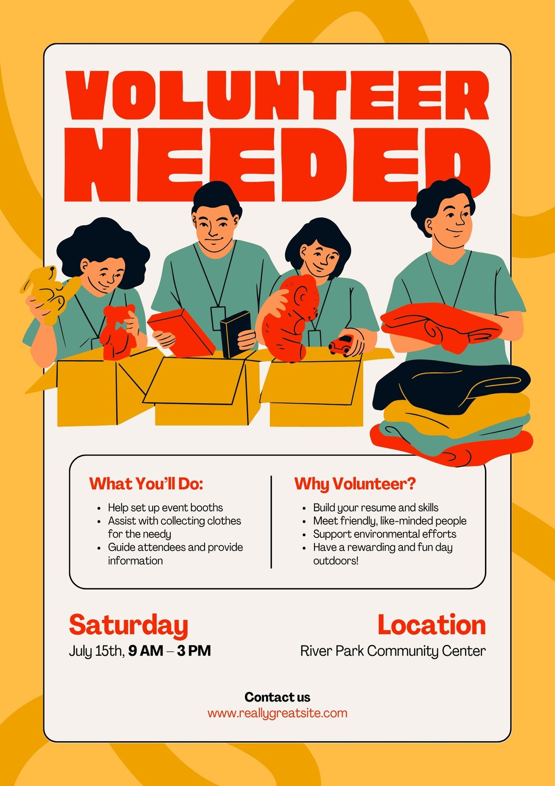 Red and Yellow Illustrated Volunteer Flyer
