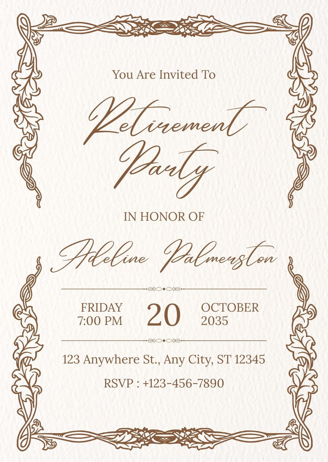 Beige and Brown Ornate Retirement Party Invitation