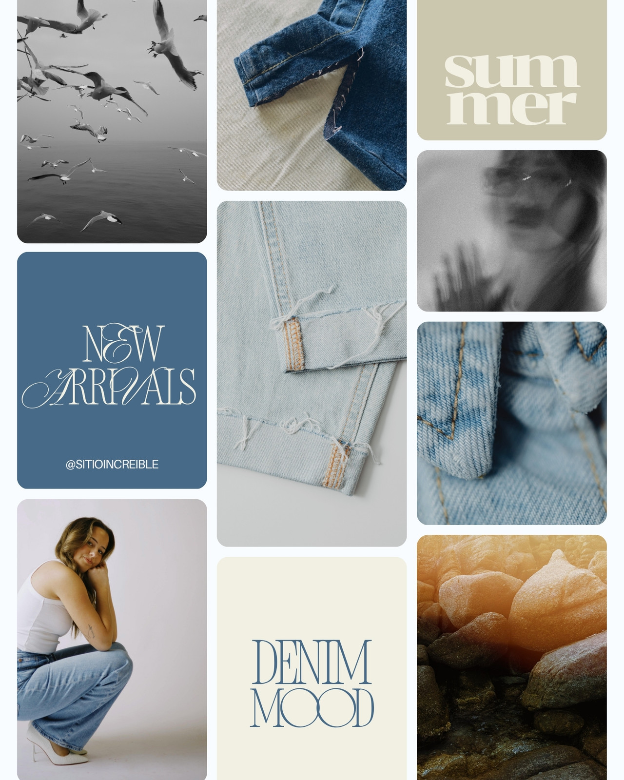 Post de Instagram New Arrivals Denim Verano Foto Collage Minimalista Azul