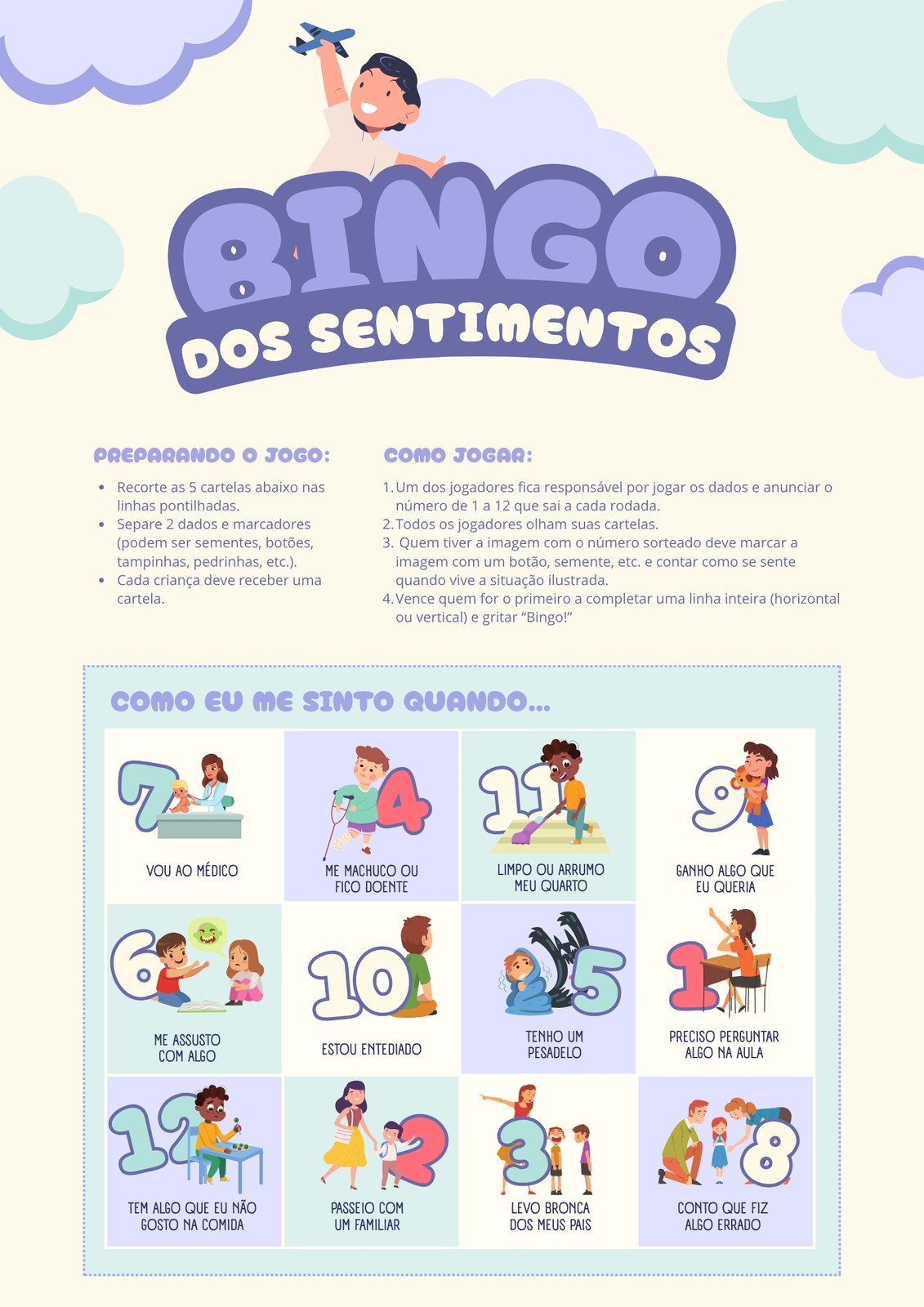 Bingo dos sentimentos - Divertido, roxo e verde - Documento A4