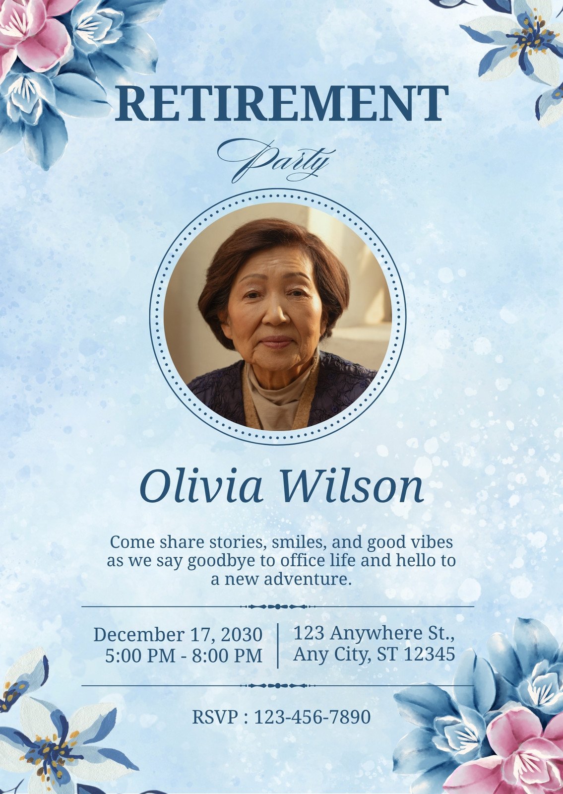 Blue and Pink Watercolor Retirement Party Invitation