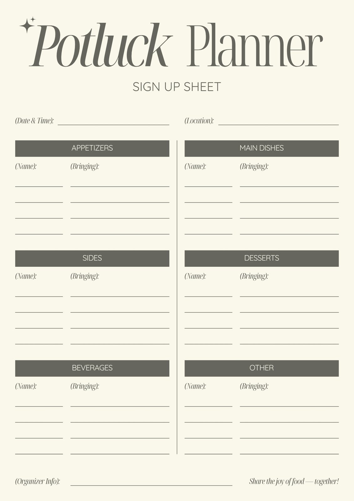 Beige Simple Potluck Sign Up Sheet Planner