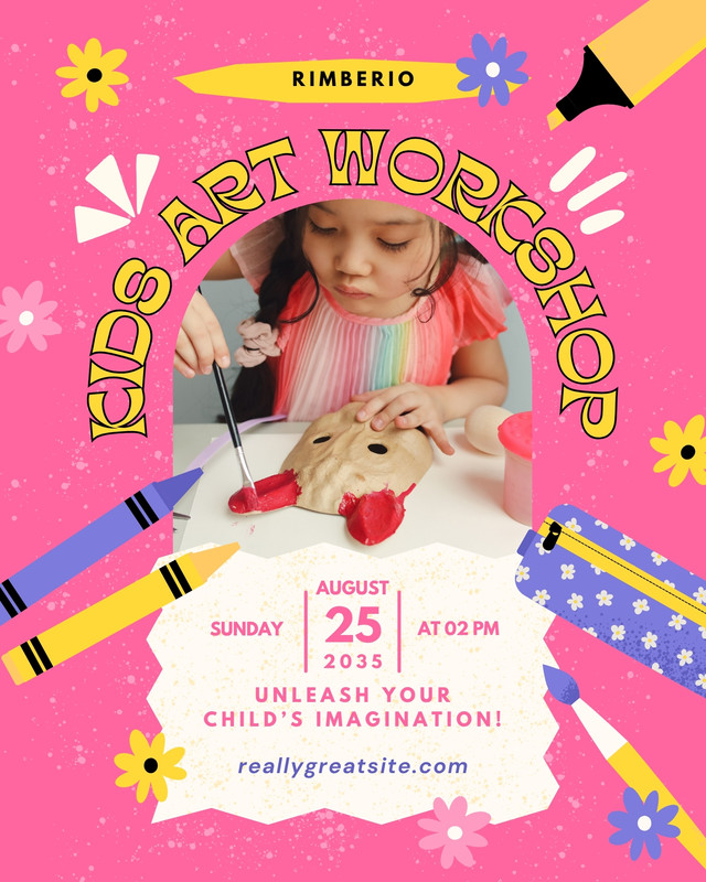 Playful Cute Children Kids Art Workshop Instagram Post Canva template, pink and yellow