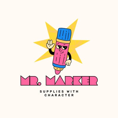 Cute Retro Marker Mascot Character Supplies Stationery Logo Canva template, pink and yellow