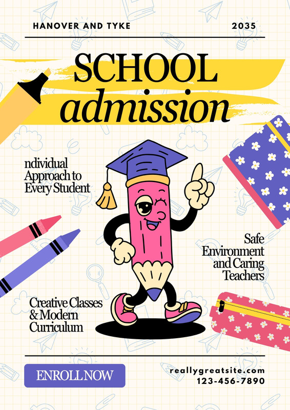 Playful Whimsical Illustrated School Admission Poster Canva template, purple and yellow