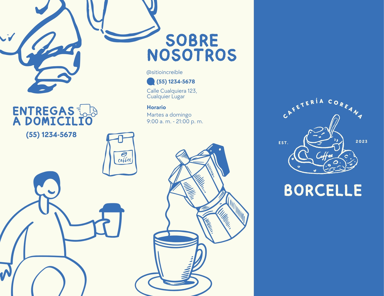 Tríptico Menú Cafetería de Especialidad Moderno Ilustrado Beige y Azul Tríptico Menú Cafetería de Especialidad Moderno Ilustrado Beige y Azul