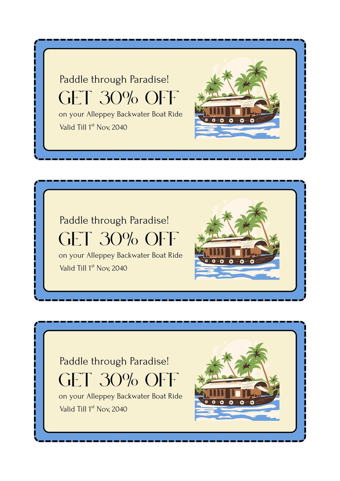 Blue and Tan Illustrated Alleppey Travel Discount Coupon
