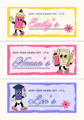 Retro Playful Cute Children's Name Tag Document Name Tag Canva template, pink, yellow and blue