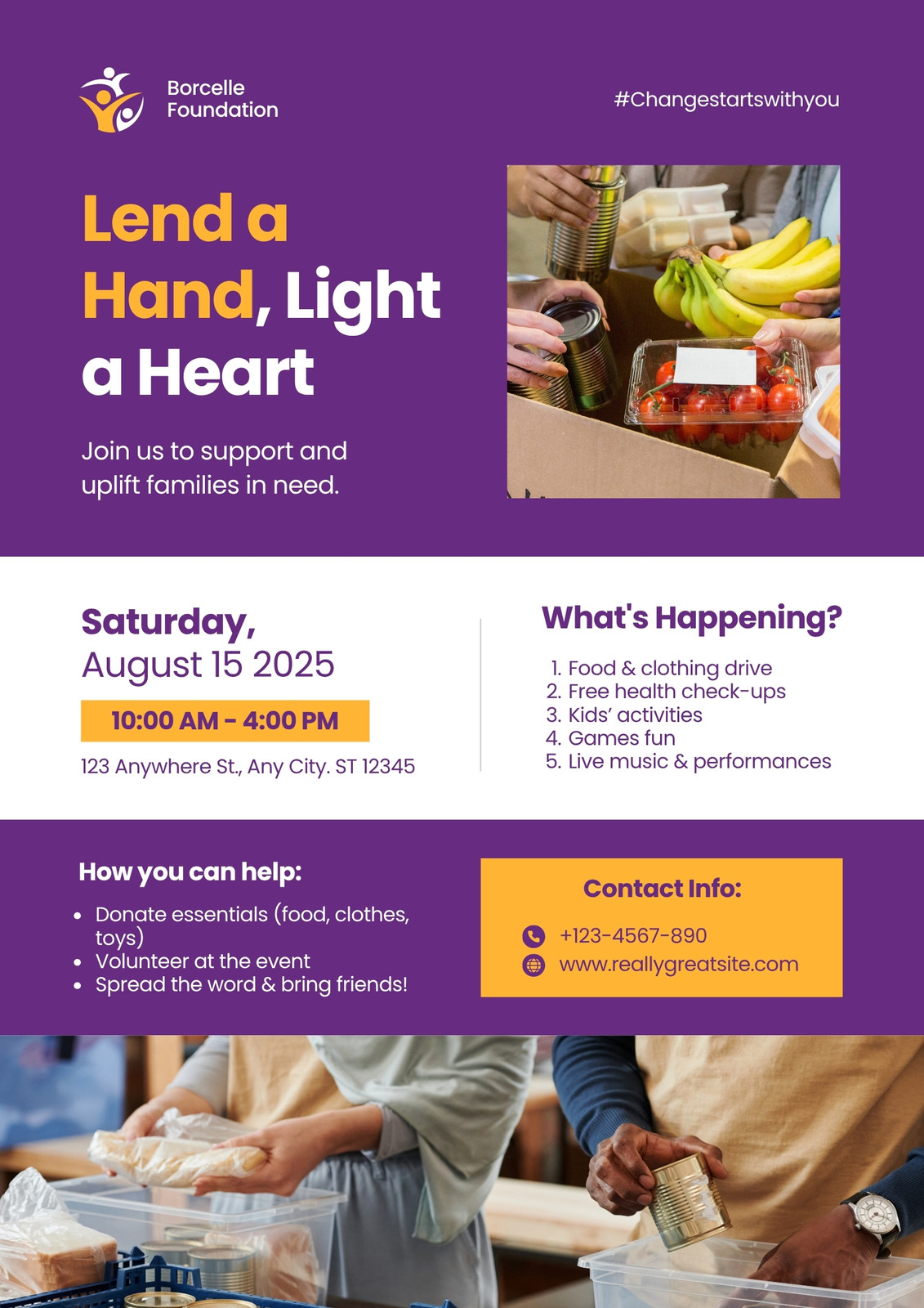 Purple and Yellow Modern Minimalist Charity Drive Fundraiser Flyer A4