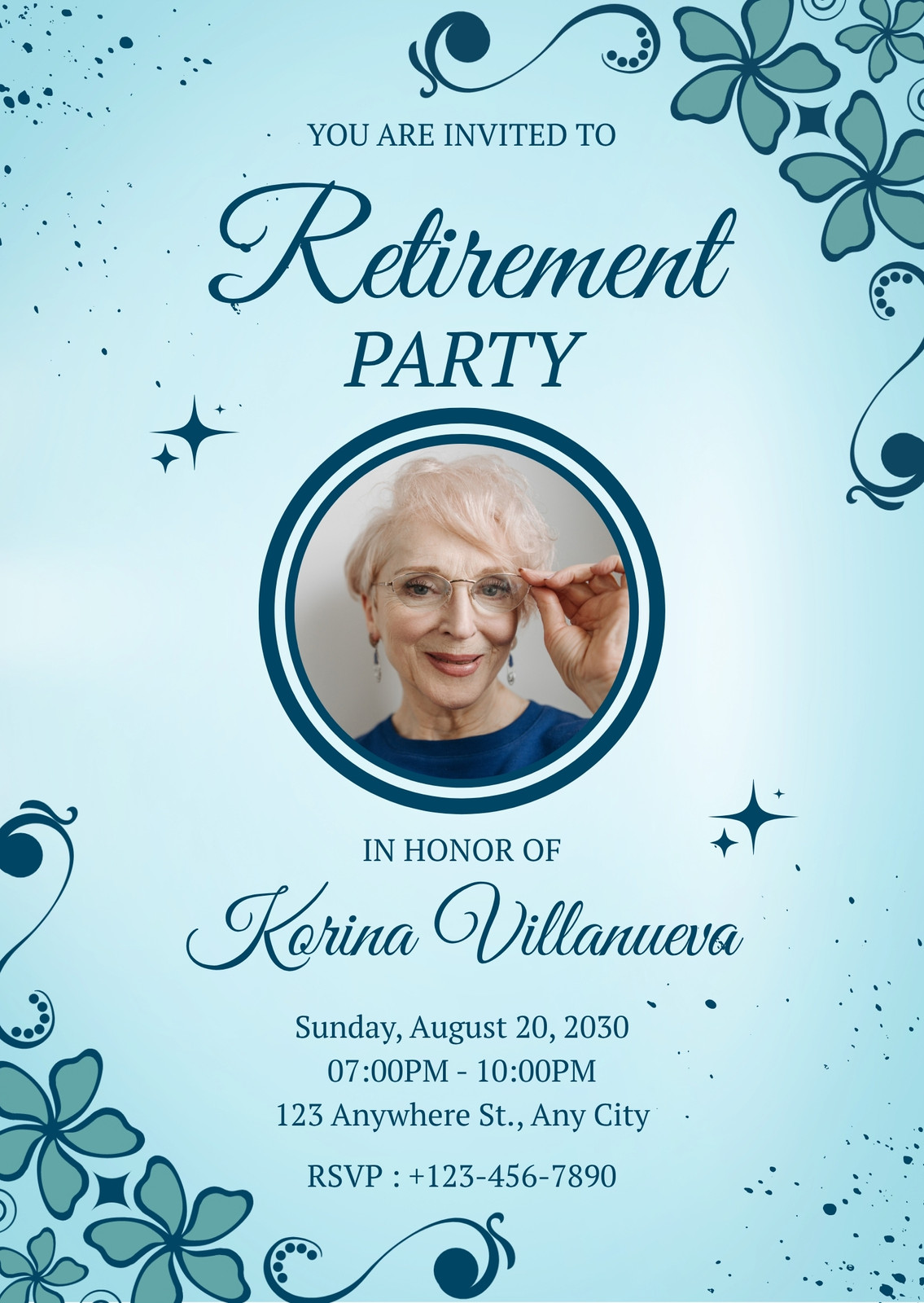 Blue Floral Modern Retirement Party Invitation