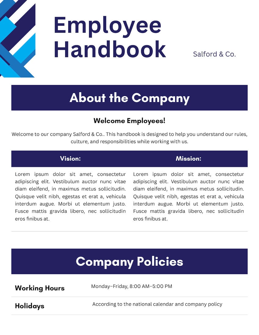 Blue White Minimalist Employee Handbook Document