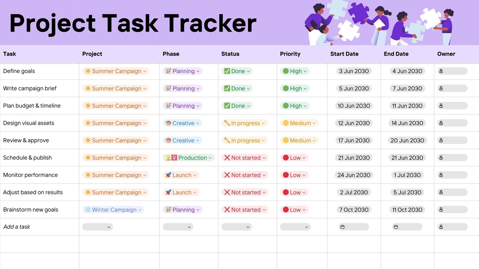 Project Tracker Sheet in Lavender Purple Poppy Corporate Style