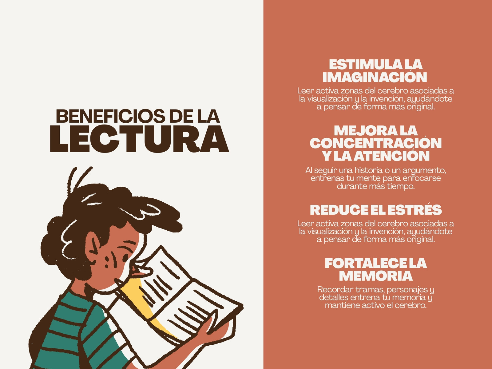 Gráfica de beneficios de la lectura ilustrativo naranja y gris