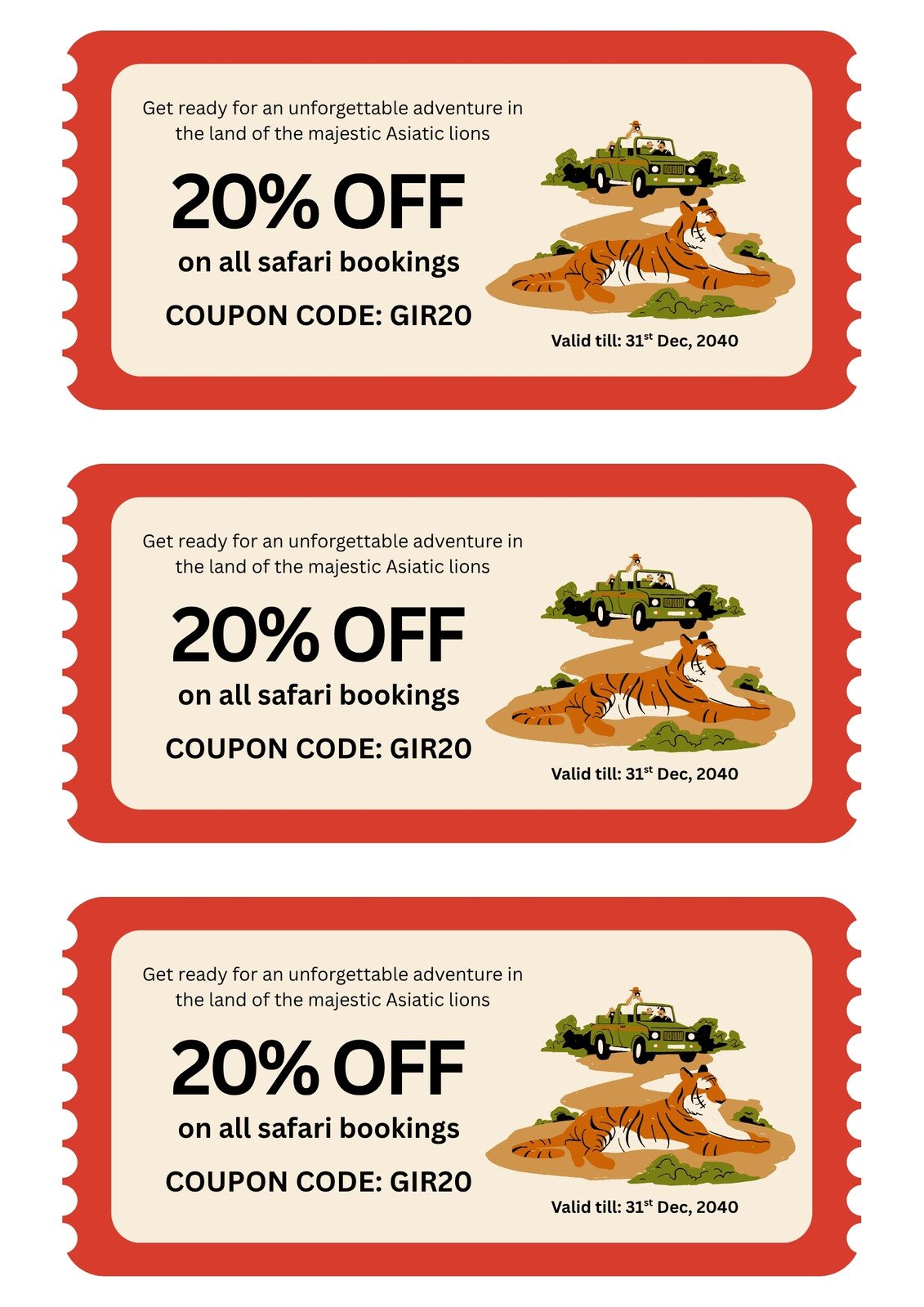 Red and Cream Illustrated Safari Offer Coupon A4