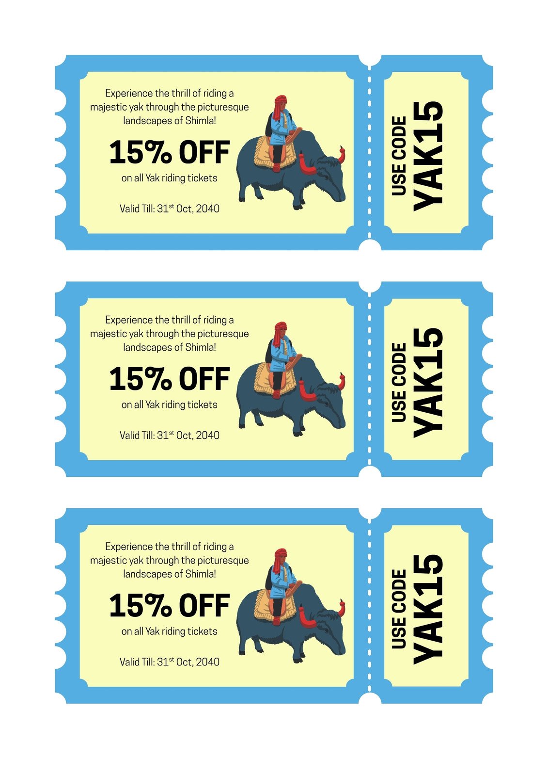 Blue and Yellow Playful Yak Riding Coupon A4