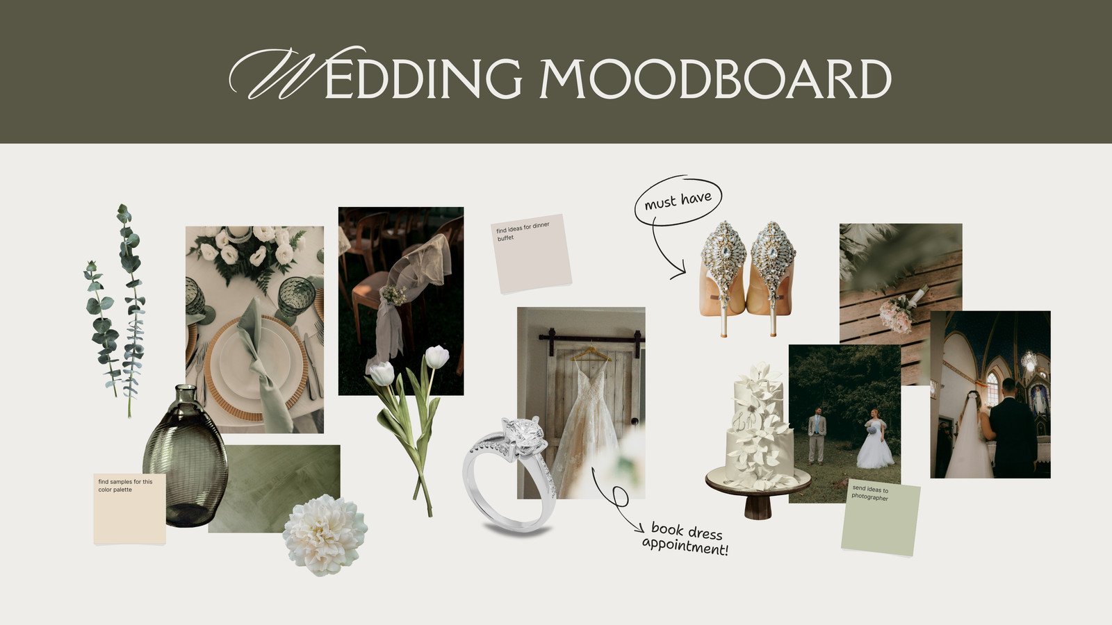 Beige Green Minimalist Wedding Moodboard Whiteboard