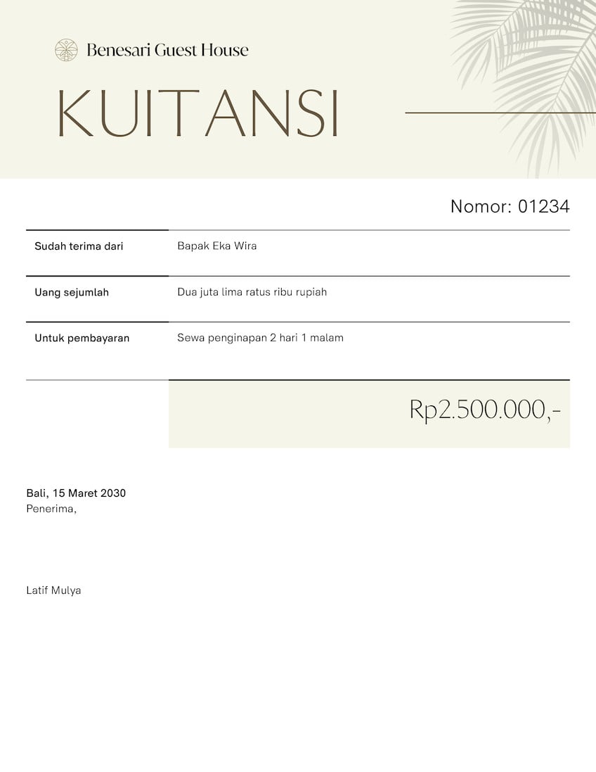 Kuitansi Penginapan Villa Kalem Bersih Putih Krem