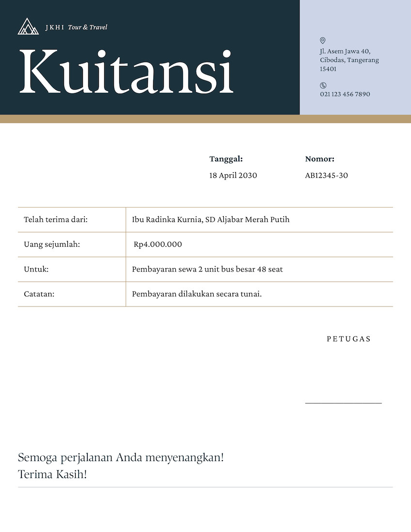 Kuitansi Bus Wisata Simpel Putih Biru Tua