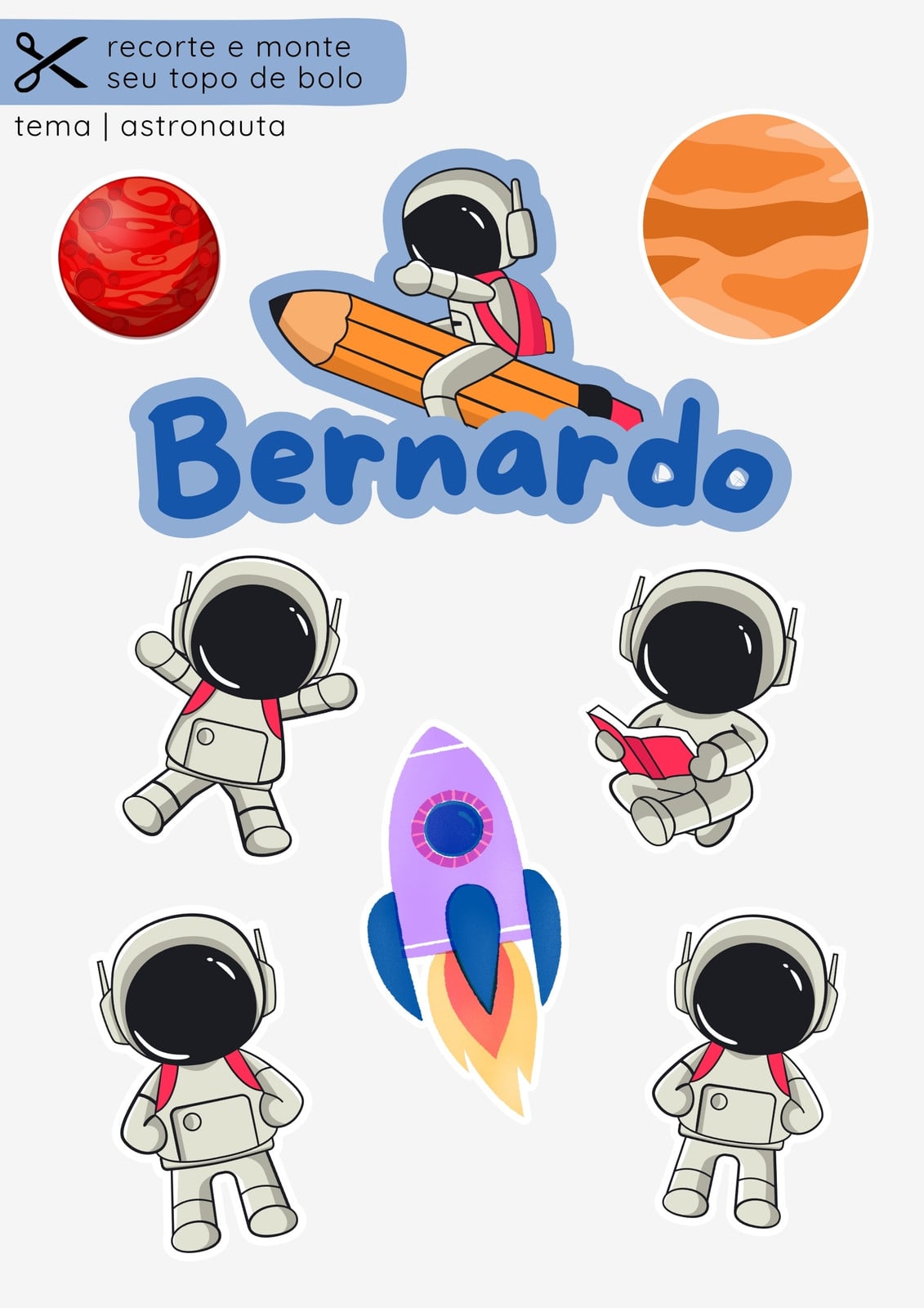 Documento A4 topo de bolo festivo astronauta divertido engraçado ilustrativo
