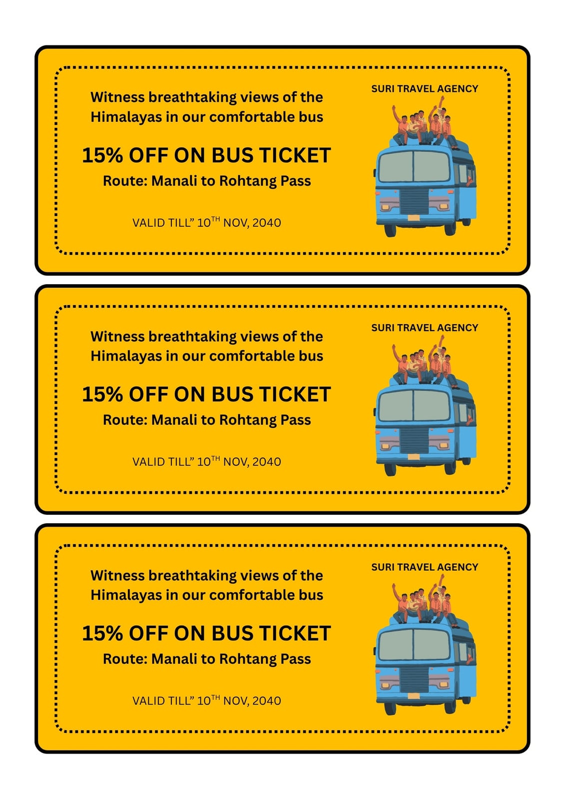 Yellow and Blue Illustrated Travel Bus Coupon A4