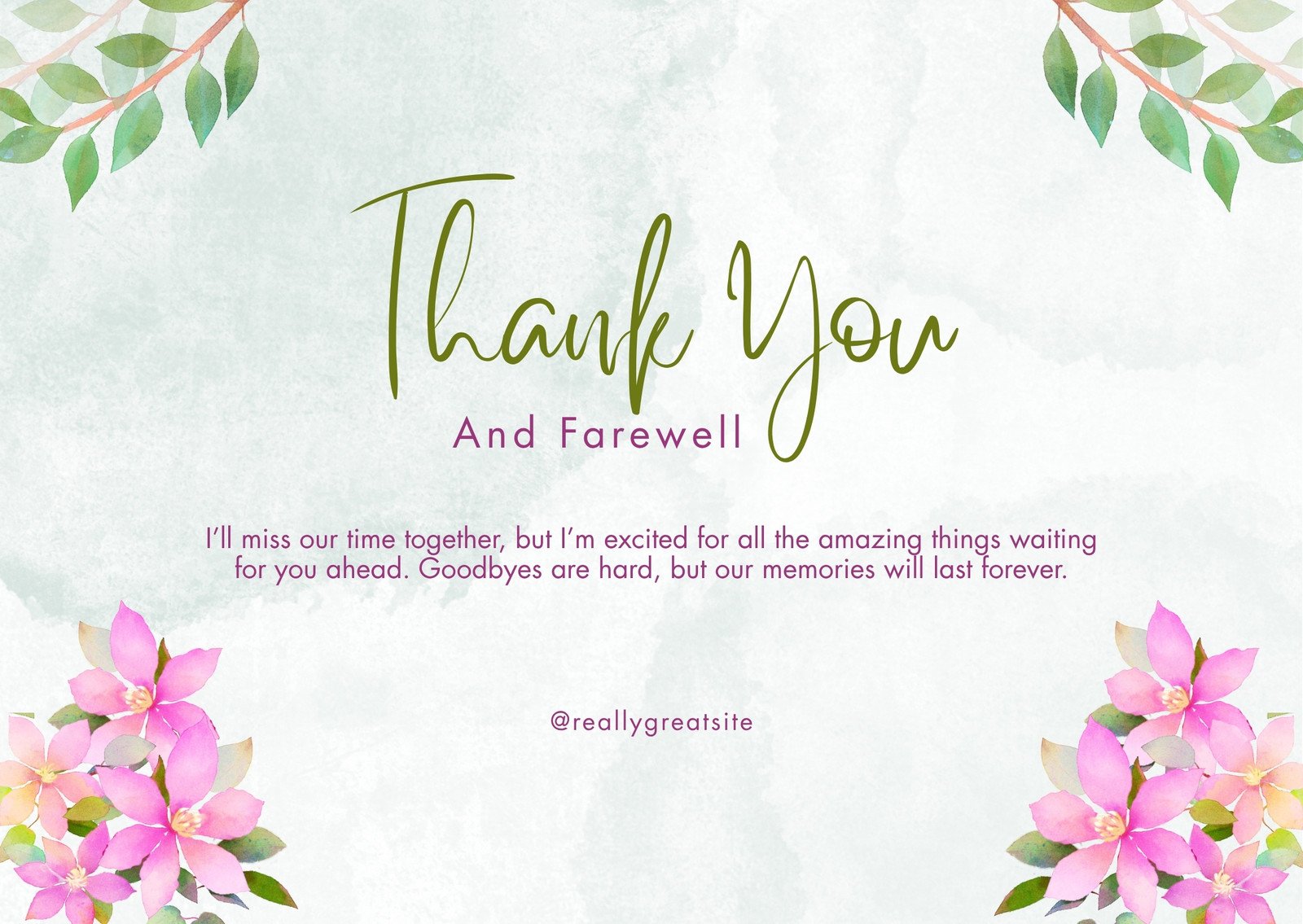 Pink and Green Watercolor Thank You Farewell Card