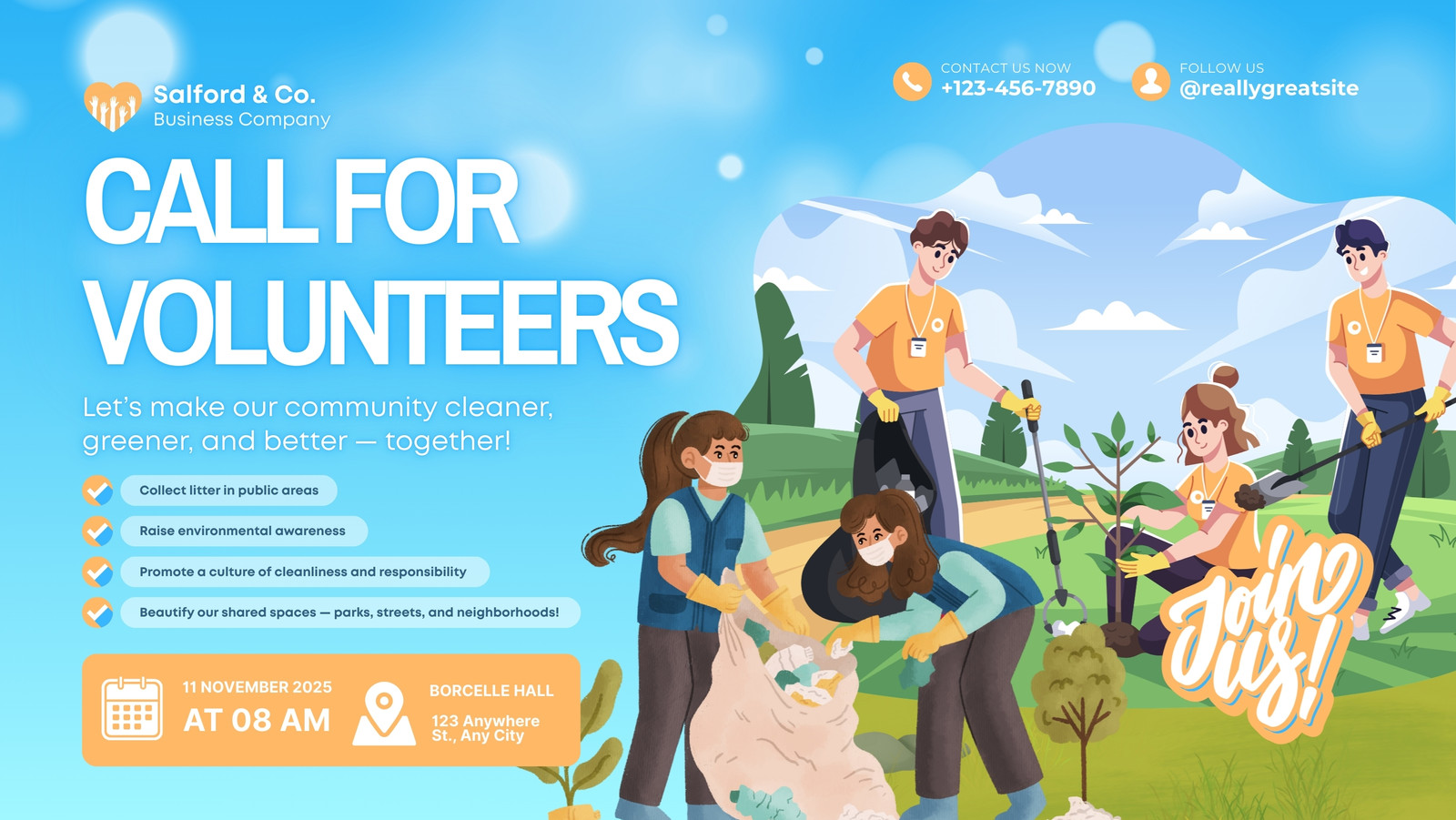 Blue and Yellow Illustrated Call for Volunteers Facebook Cover