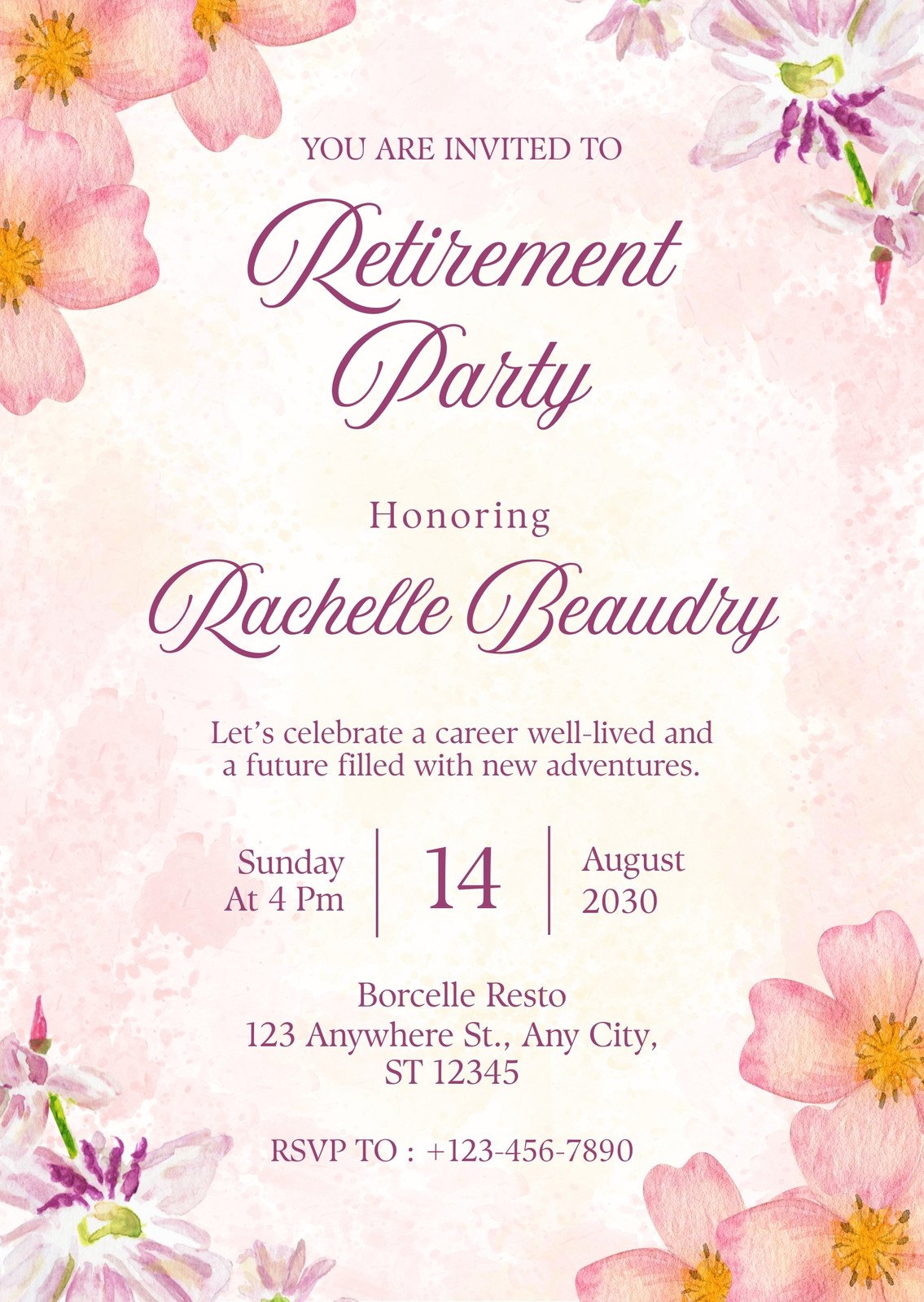 Pink White and Purple Watercolor Floral Retirement Party Invitation