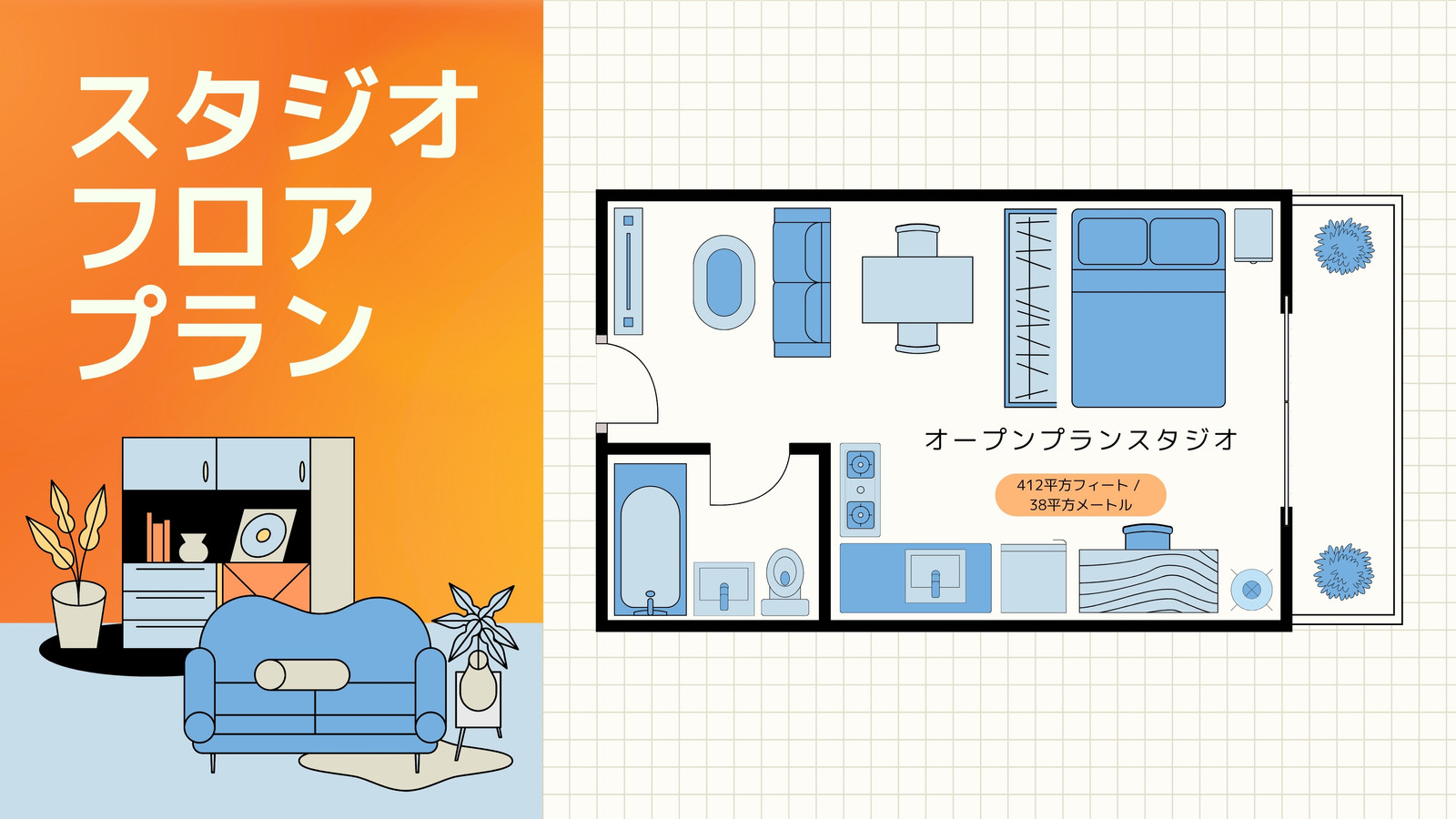 スタジオフロアプラン ホワイトボード オレンジ 青 企業 ネオンスタイル