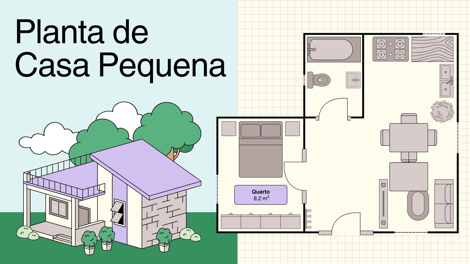 Quadro branco de planta baixa de casa pequena com blocos de cor em bege azul-celeste e marrom claro