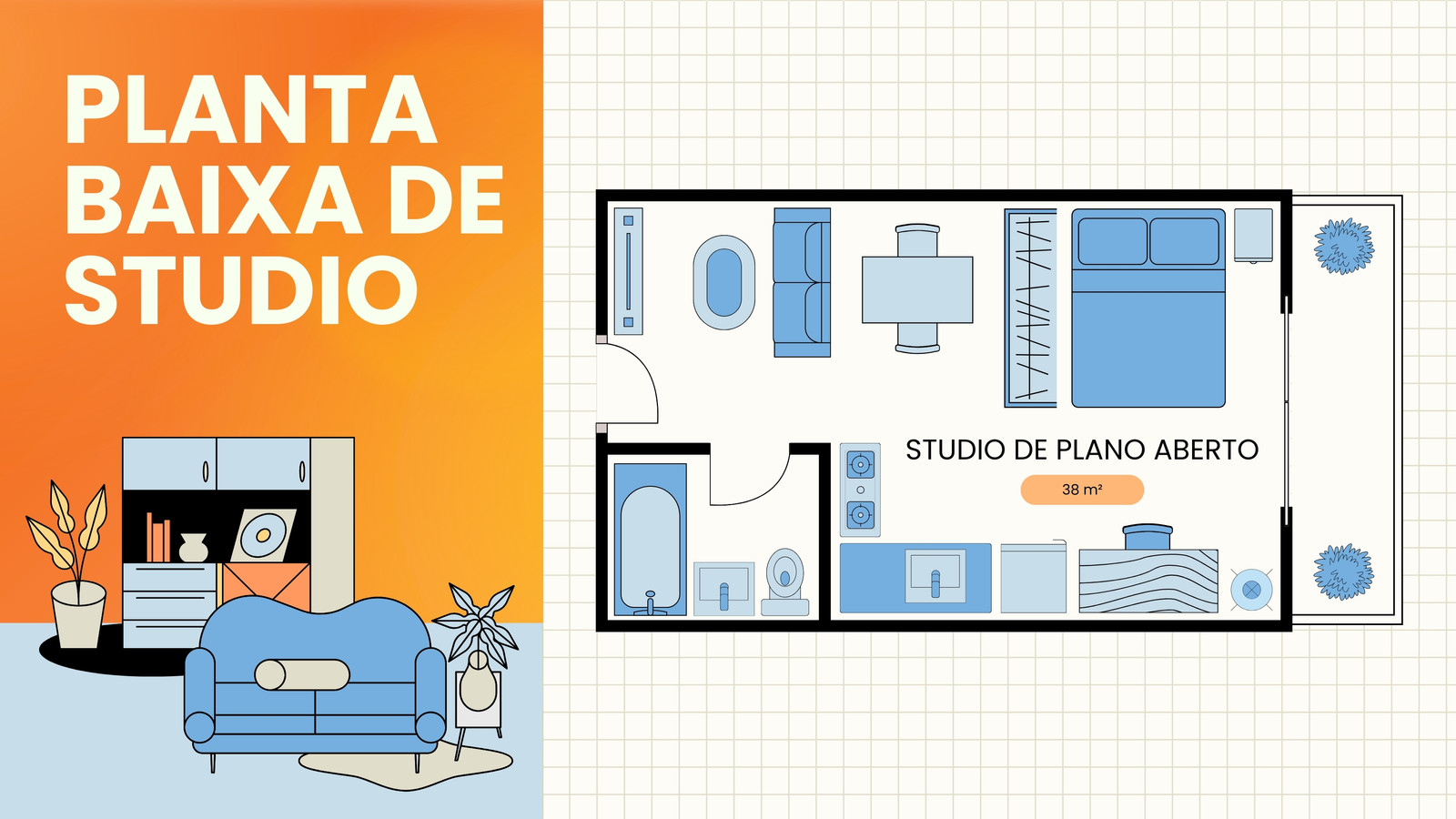 Quadro branco de planta baixa de studio em estilo neon corporativo em laranja e azul