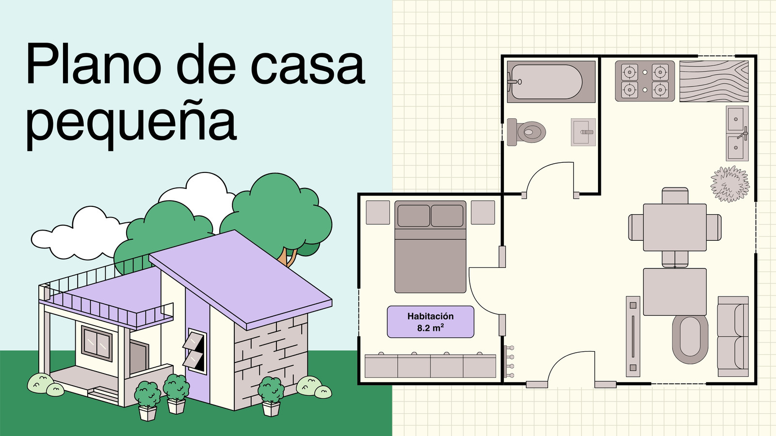 Pizarrón virtual de plano de casa pequeña bloques de color beige azul cielo verde